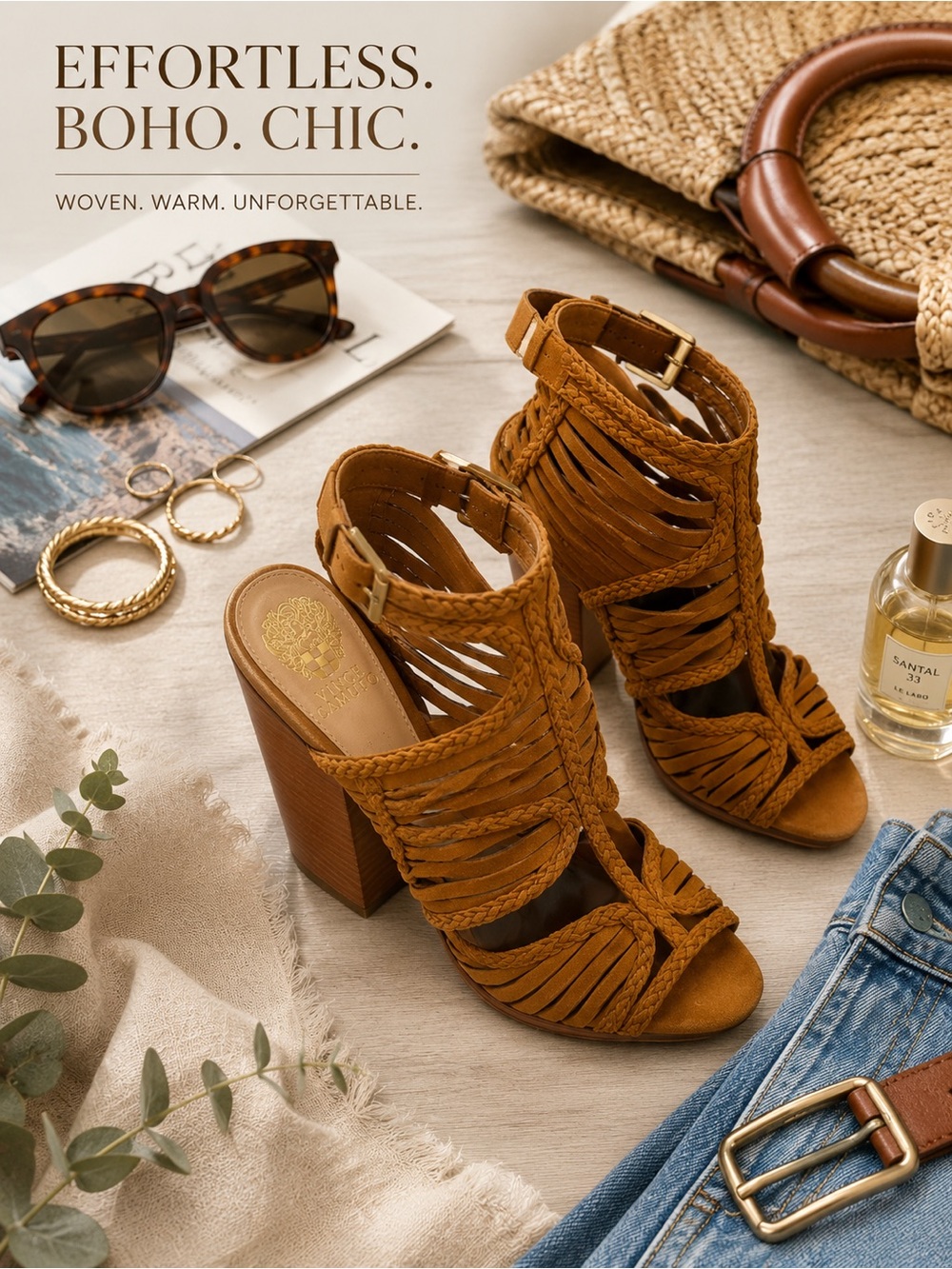 Vince Camuto Woven Suede Block Heel Sandals - Camel